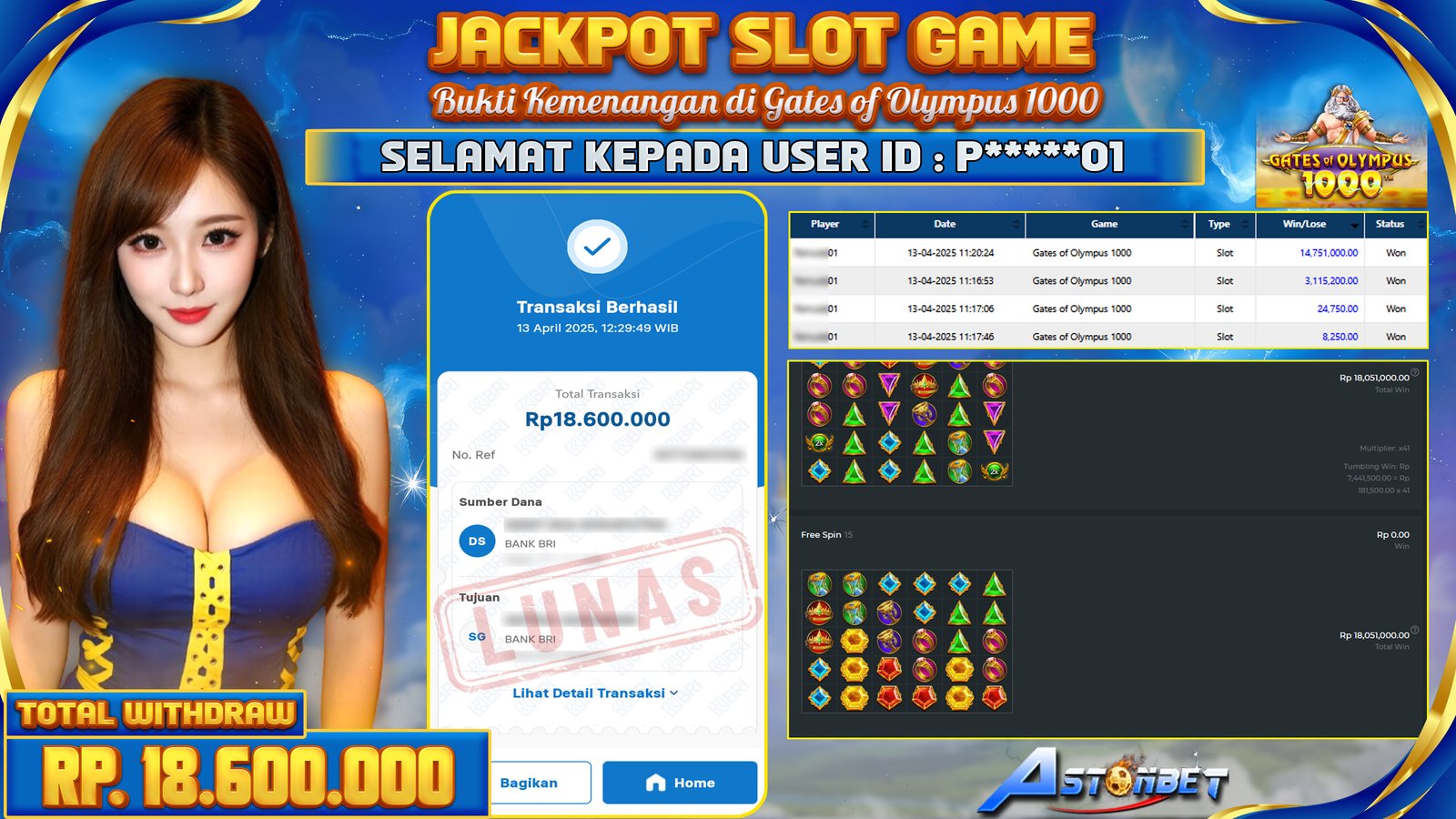 ASTONBET - KEMENANGAN MEMBER SLOT GAME DI GAME GATES OF OLYMPUS 1000 RP. 18.600.000,- LUNAS