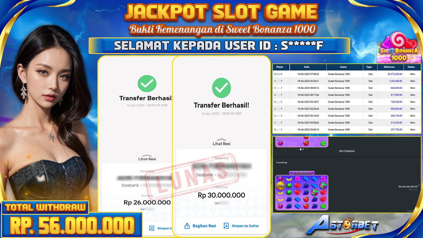 ASTONBET - KEMENANGAN MEMBER SLOT GAME DI GAME SWEET BONANZA 1000 RP. 56.000.000,- LUNAS