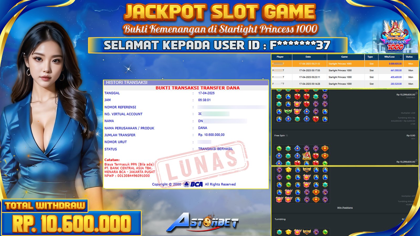 ASTONBET - KEMENANGAN MEMBER SLOT GAME DI GAME STARLIGHT PRINCESS 1000 RP. 10.600.000,- LUNAS