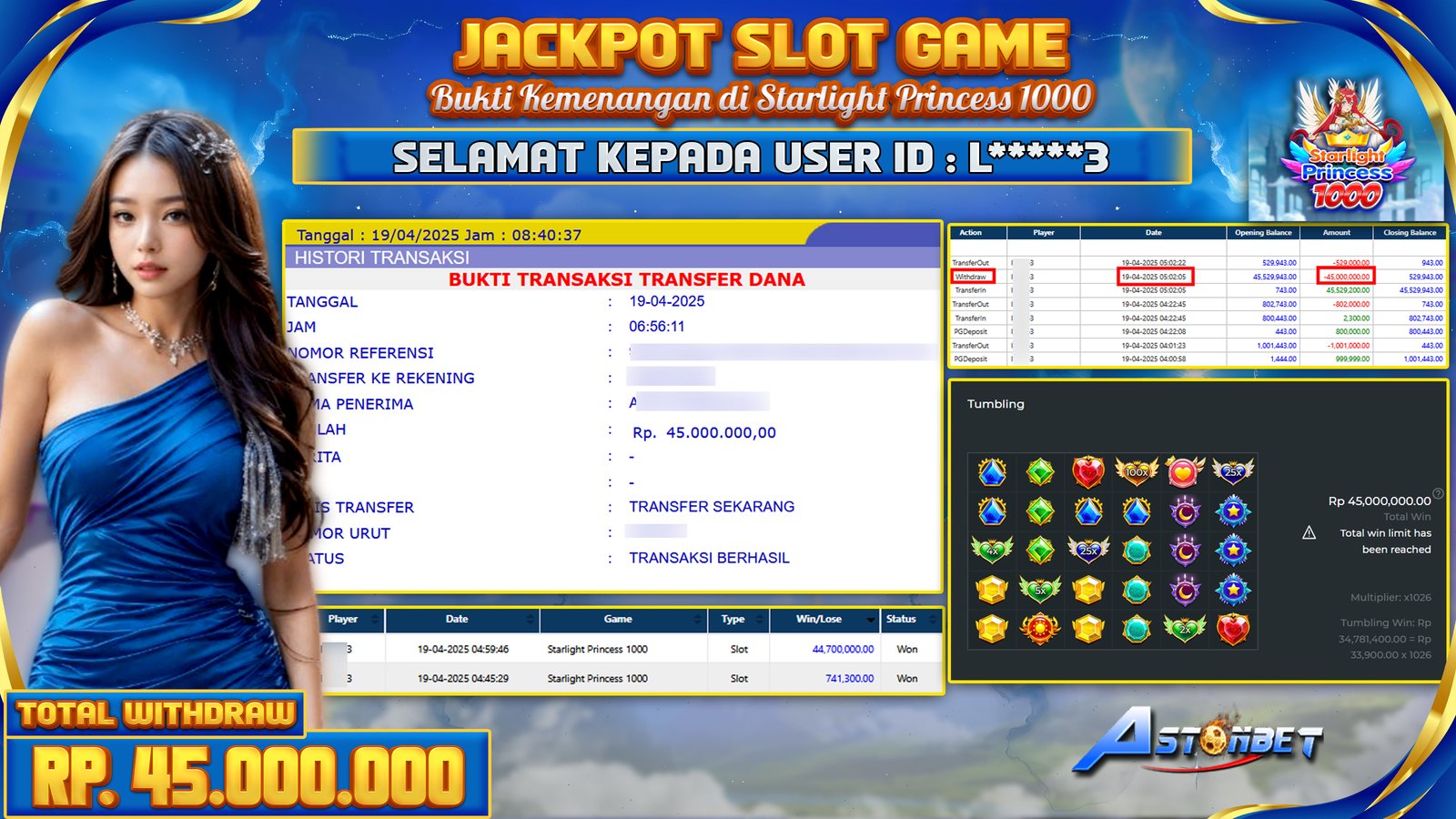 ASTONBET - KEMENANGAN MEMBER SLOT GAME DI GAME STARLIGHT PRINCESS 1000 RP. 45.000.000,- LUNAS