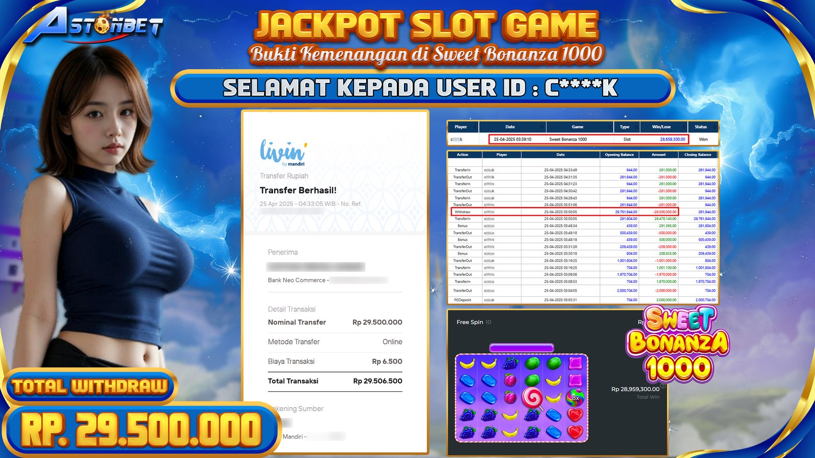 ASTONBET - KEMENANGAN MEMBER DI GAME SWEET BONANZA 1000 RP. 29.500.000,- LUNAS