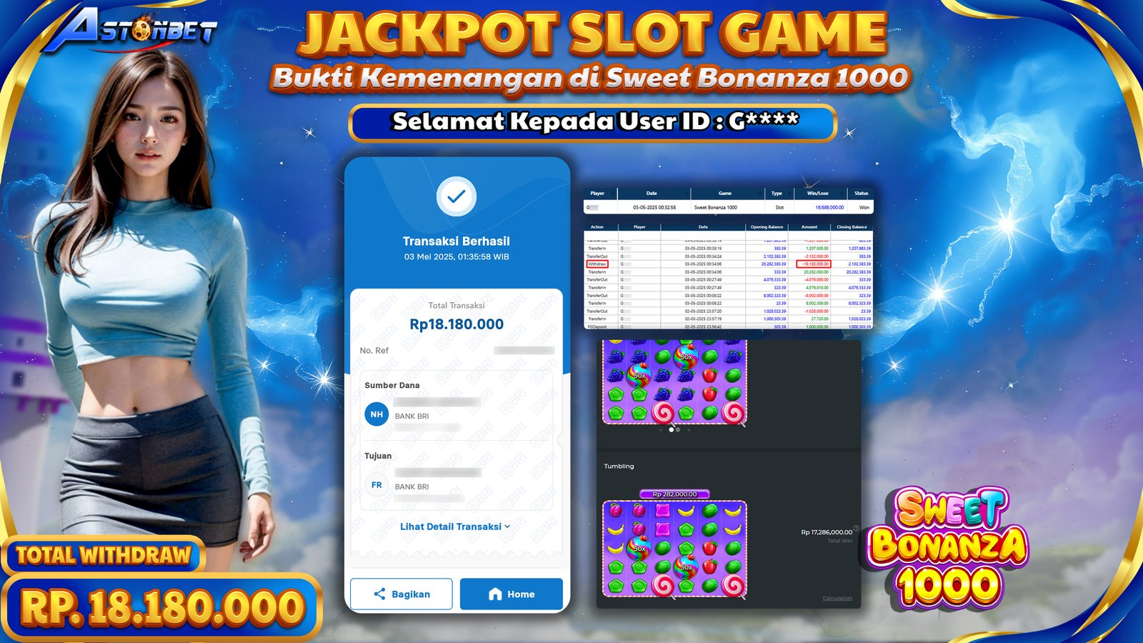 ASTONBET - KEMENANGAN MEMBER DI GAME SWEET BONANZA 1000 RP. 18.180.000,- LUNAS