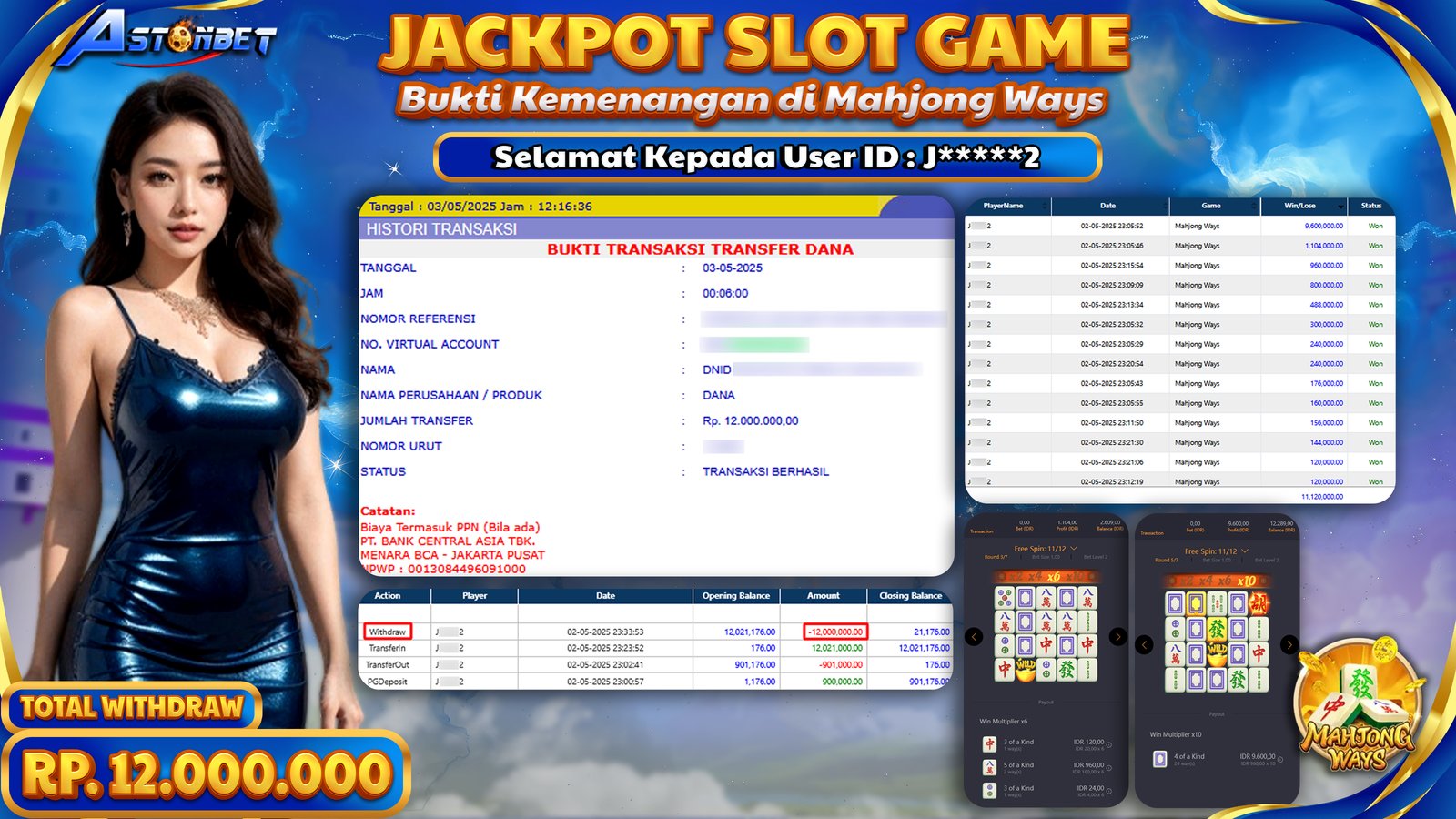 ASTONBET - KEMENANGAN MEMBER DI GAME MAHJONG WAYS RP. 12.000.000,- LUNAS