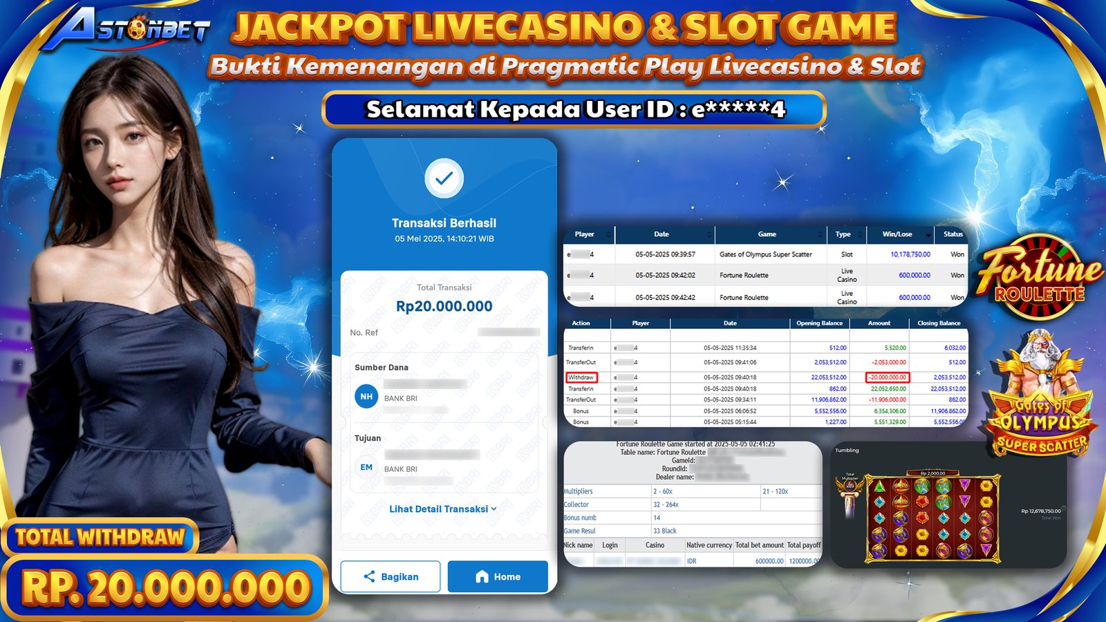 ASTONBET - KEMENANGAN MEMBER DI PRAGMATIC PLAY LIVECASINO & SLOT RP. 20.000.000,- LUNAS