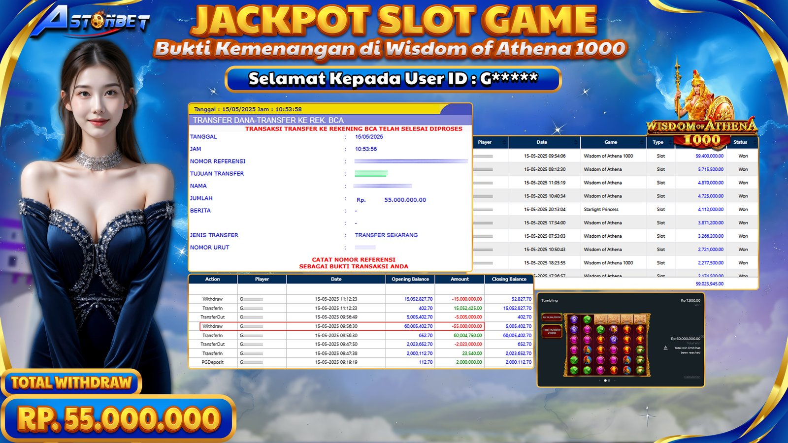 ASTONBET - KEMENANGAN MEMBER DI GAME WISDOM OF ATHENA 1000 RP. 55.000.000,- LUNAS
