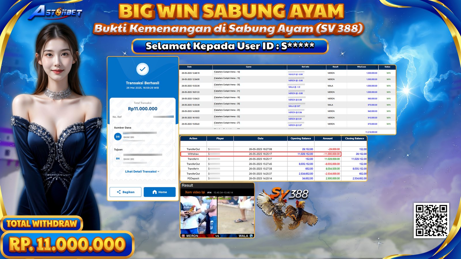 ASTONBET - KEMENANGAN MEMBER DI SABUNG AYAM RP. 11.000.000,- LUNAS