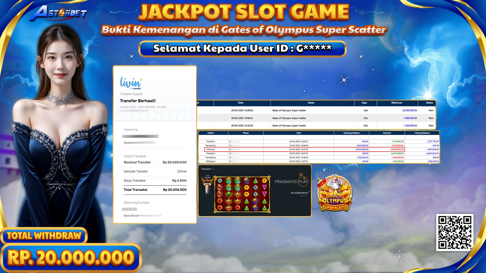 ASTONBET - KEMENANGAN MEMBER DI GAME GATES OF OLYMPUS SUPER SCATTER RP. 20.000.000,- LUNAS