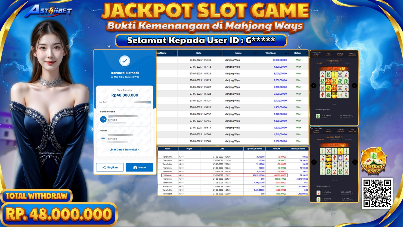 ASTONBET - KEMENANGAN MEMBER DI GAME MAHJONG WAYS RP. 48.000.000,- LUNAS