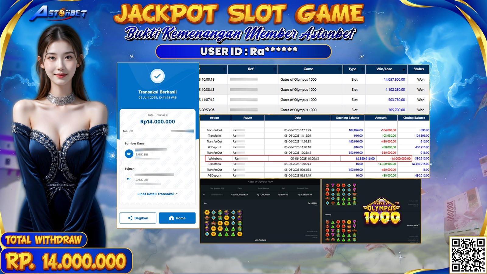 ASTONBET - KEMENANGAN MEMBER DI GAME GATES OF OLYMPUS 1000 RP. 14.000.000,- LUNAS