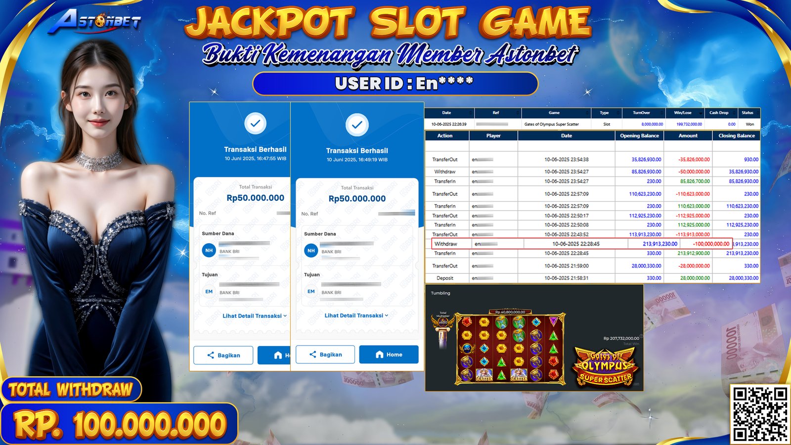 ASTONBET - KEMENANGAN MEMBER DI GAME GATES OF OLYMPUS SUPER SCATTER RP. 100.000.000,- LUNAS