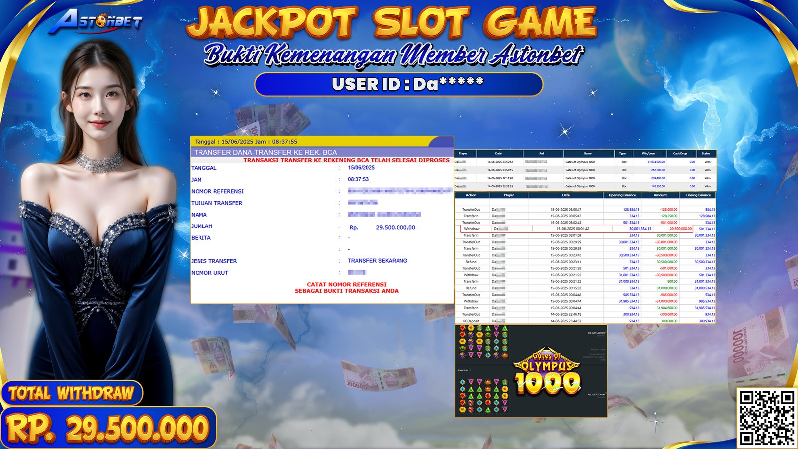 ASTONBET - KEMENANGAN MEMBER DI GAME GATES OF OLYMPUS 1000 RP. 29.500.000,- LUNAS