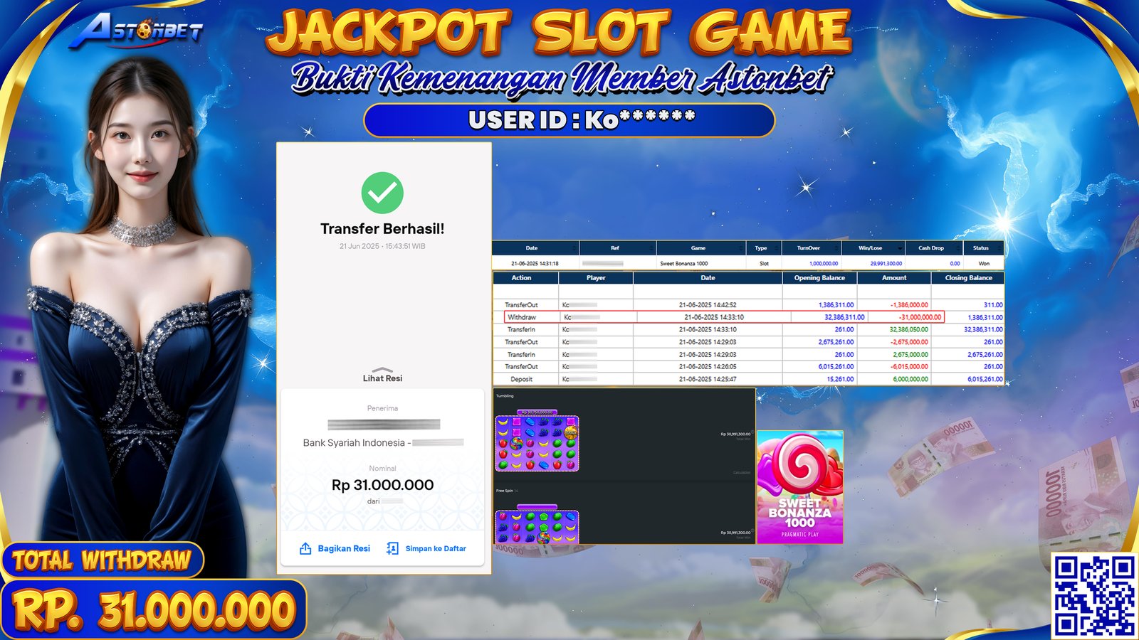 ASTONBET - KEMENANGAN MEMBER DI GAME SWEET BONANZA 1000 RP. 31.000.000,- LUNAS