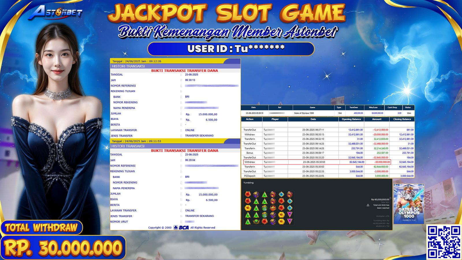 ASTONBET - KEMENANGAN MEMBER DI GAME GATES OF OLYMPUS 1000 RP. 30.000.000,- LUNAS