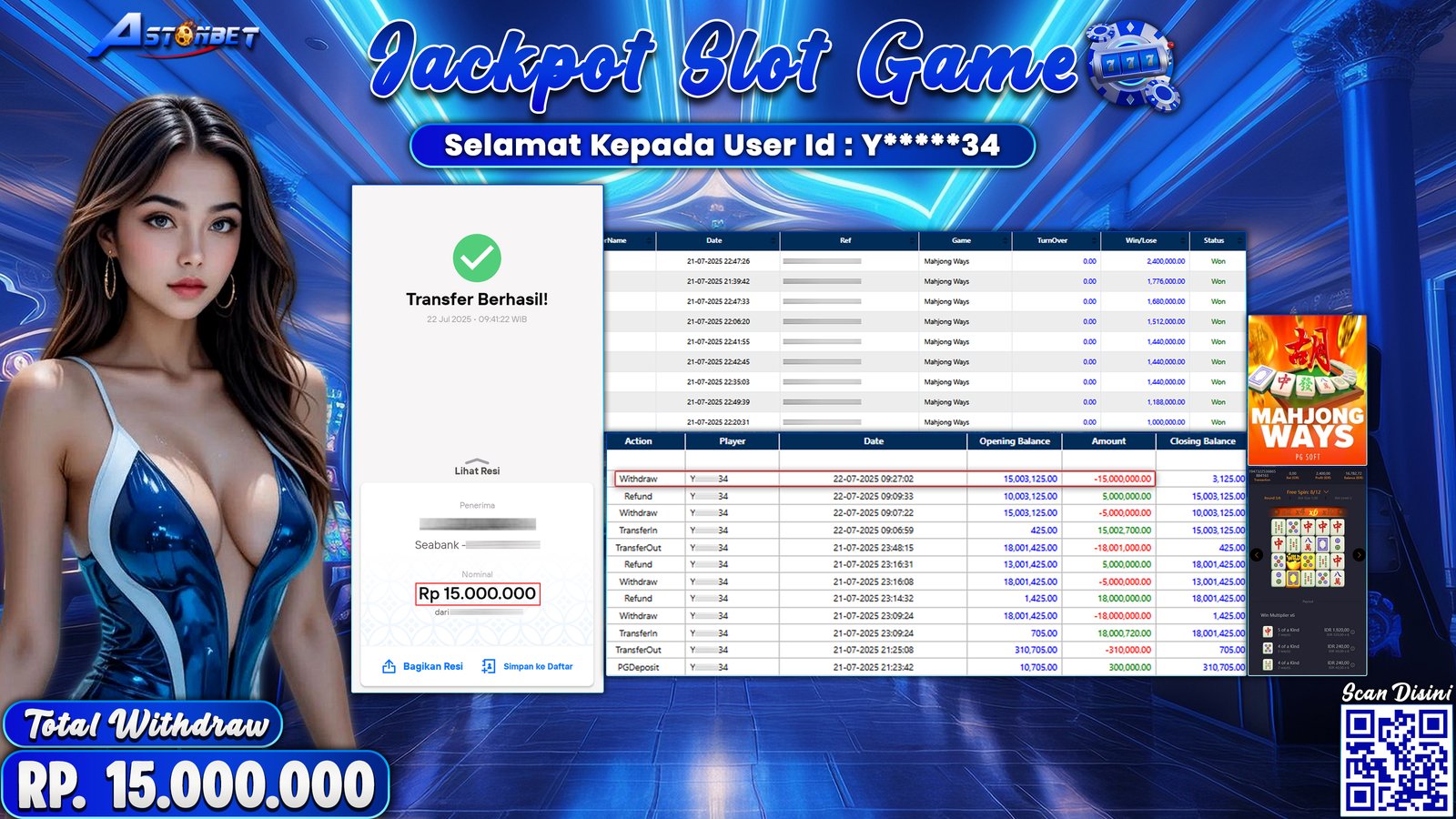 ASTONBET - KEMENANGAN MEMBER DI GAME MAHJONG WAYS RP. 15.000.000,- LUNAS