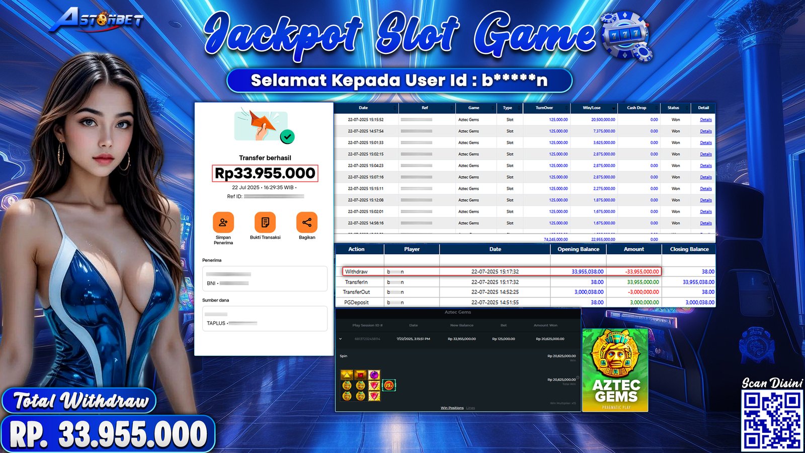 ASTONBET - KEMENANGAN MEMBER DI GAME AZTEC GEMS RP. 33.955.000,- LUNAS