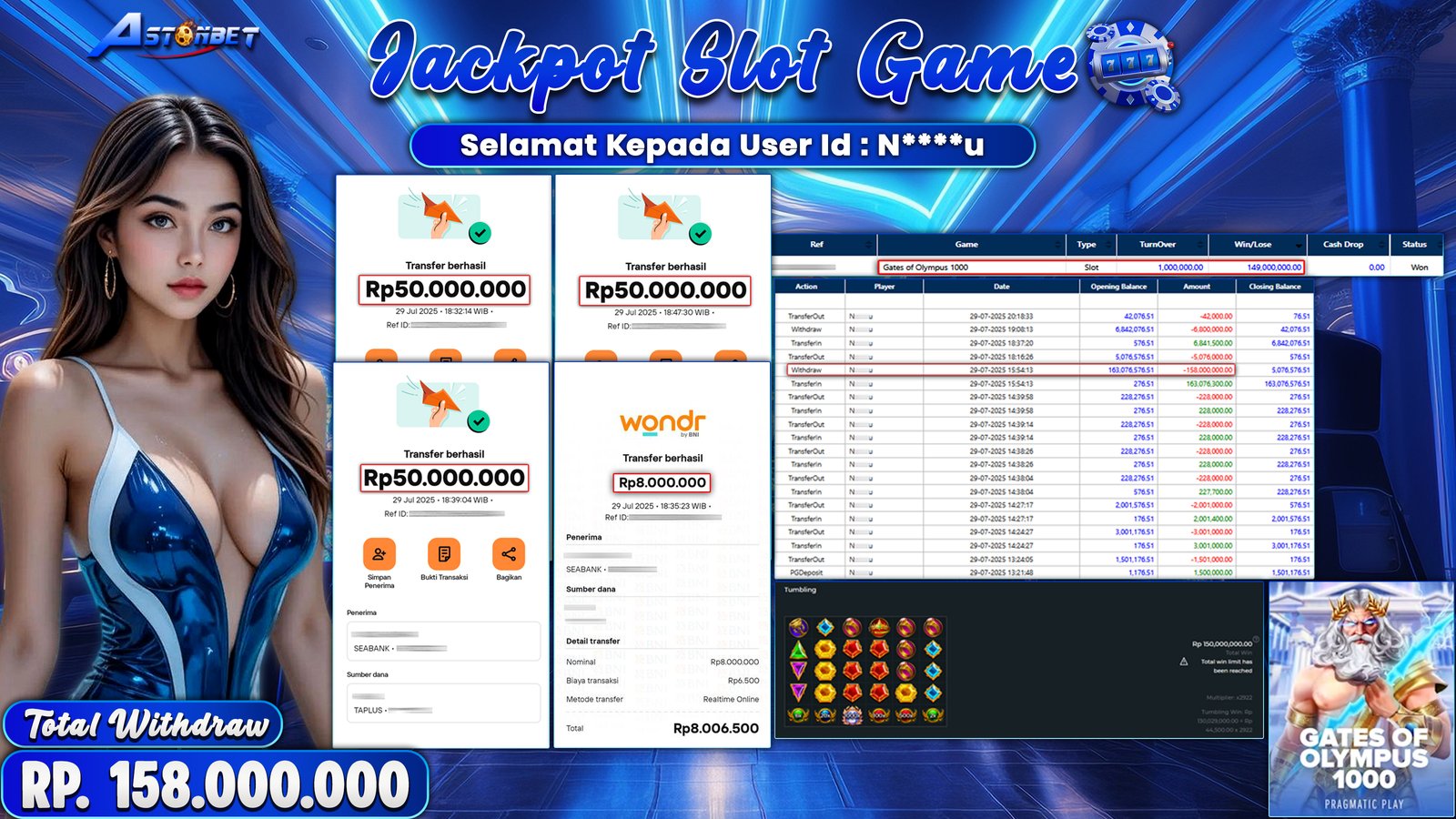 ASTONBET - KEMENANGAN MEMBER DI GAME GATES OF OLYMPUS 1000 RP. 158.000.000,- LUNAS