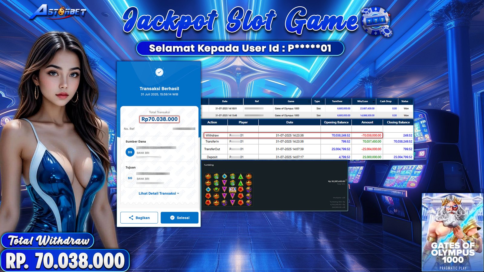 ASTONBET - KEMENANGAN MEMBER DI GAME GATES OF OLYMPUS 1000 RP. 70.038.000,- LUNAS