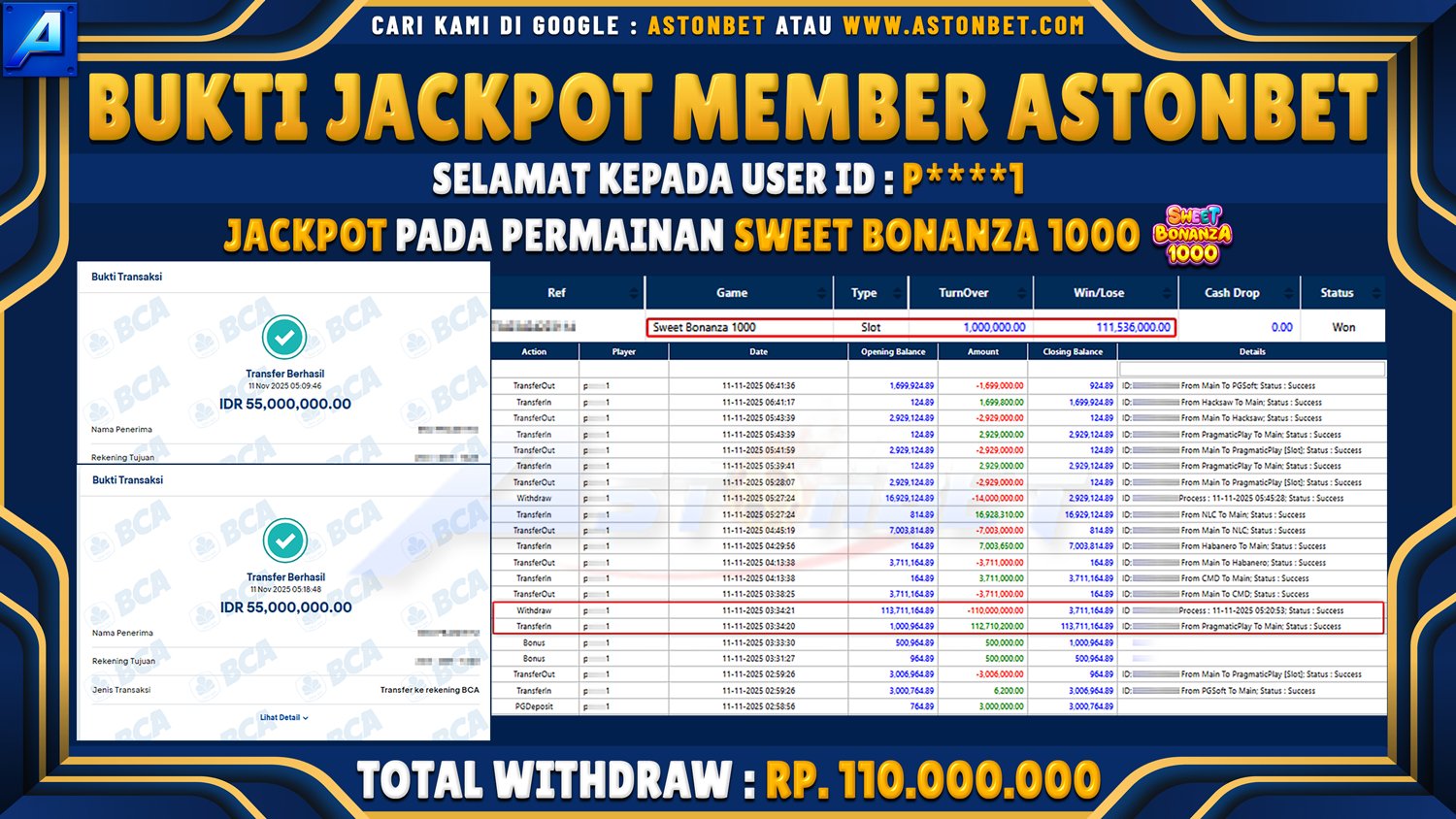 ASTONBET - BUKTI KEMENANGAN USER ID : P****1 DI GAME SWEET BONANZA 1000 RP. 110.000.000 - LUNAS