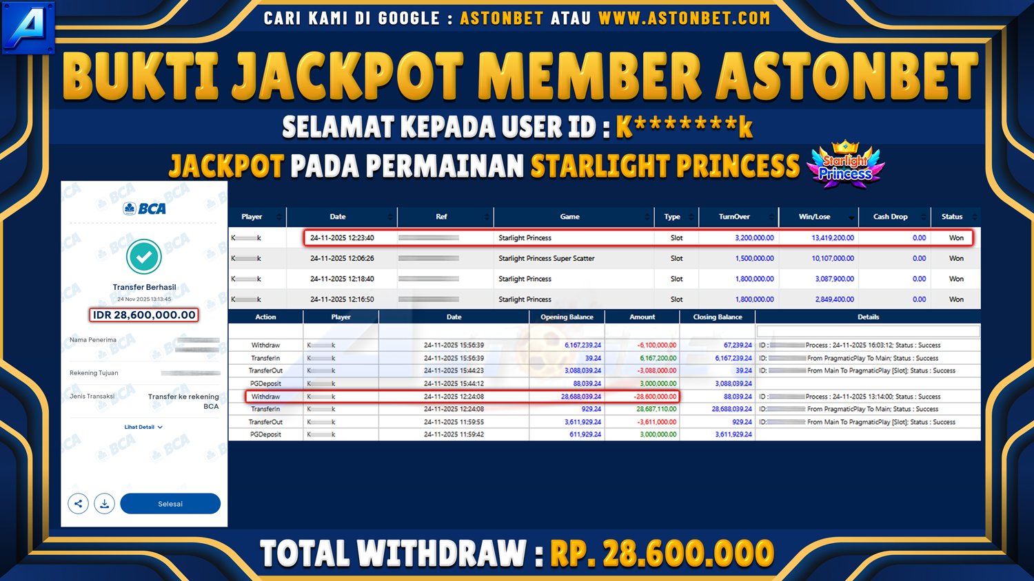 ASTONBET - BUKTI KEMENANGAN USER ID : K*******K DI GAME STARLIGHT PRINCESS RP. 28.600.000 - LUNAS