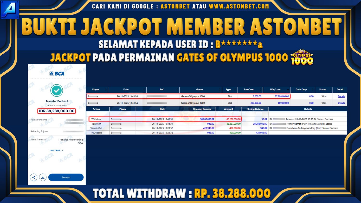 ASTONBET - BUKTI KEMENANGAN USER ID : B*******A DI GAME GATES OF OLYMPUS 1000 RP. 38.288.000 - LUNAS
