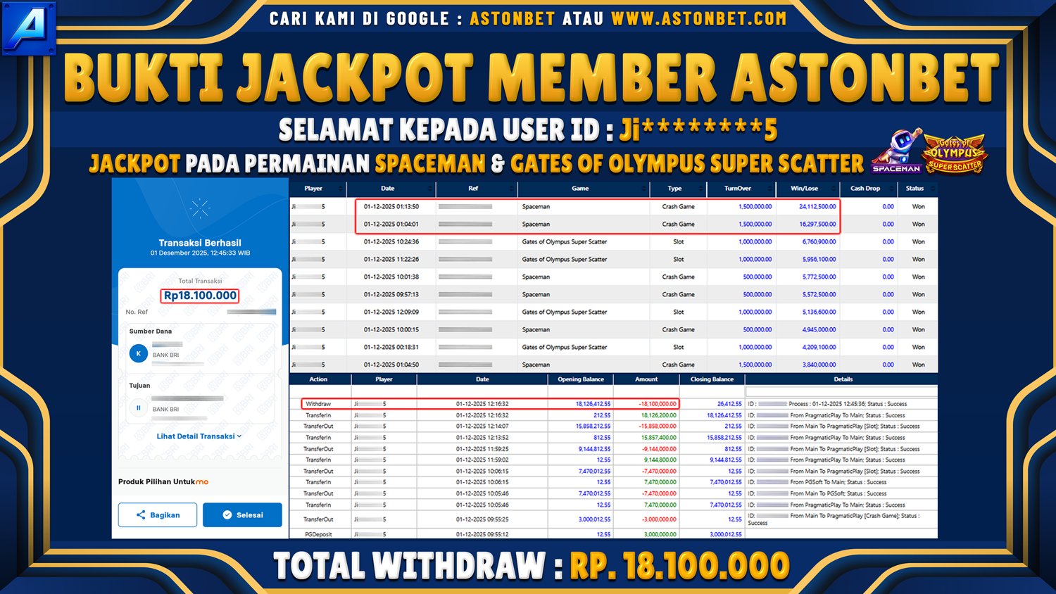 ASTONBET - BUKTI KEMENANGAN USER ID : JI********5 DI GAME SPACEMAN & GATES OF OLYMPUS SUPER SCATTER RP. 18.100.000 - LUNAS