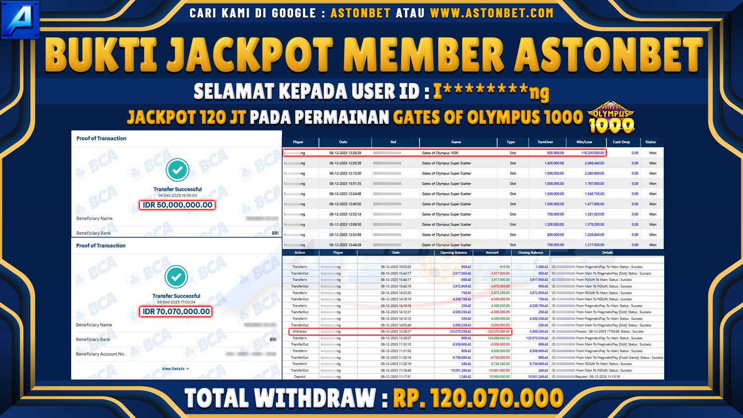 ASTONBET - BUKTI KEMENANGAN USER ID : I********NG DI GAME GATES OF OLYMPUS 1000 RP. 120.070.000 - LUNAS