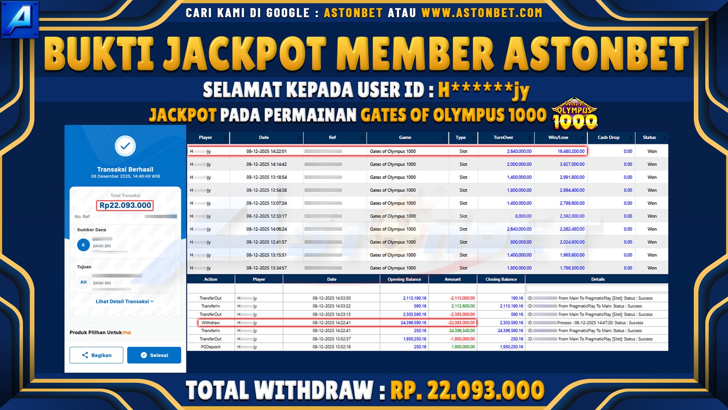 ASTONBET - BUKTI KEMENANGAN USER ID : H******JY DI GAME GATES OF OLYMPUS 1000 RP. 22.093.000 - LUNAS