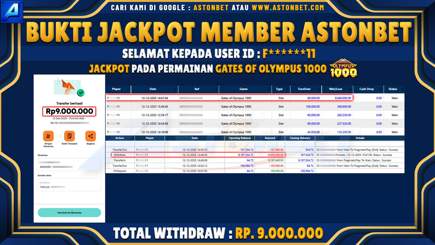 ASTONBET - BUKTI KEMENANGAN USER ID : F******11 DI GAME GATES OF OLYMPUS 1000 RP. 9.000.000 - LUNAS