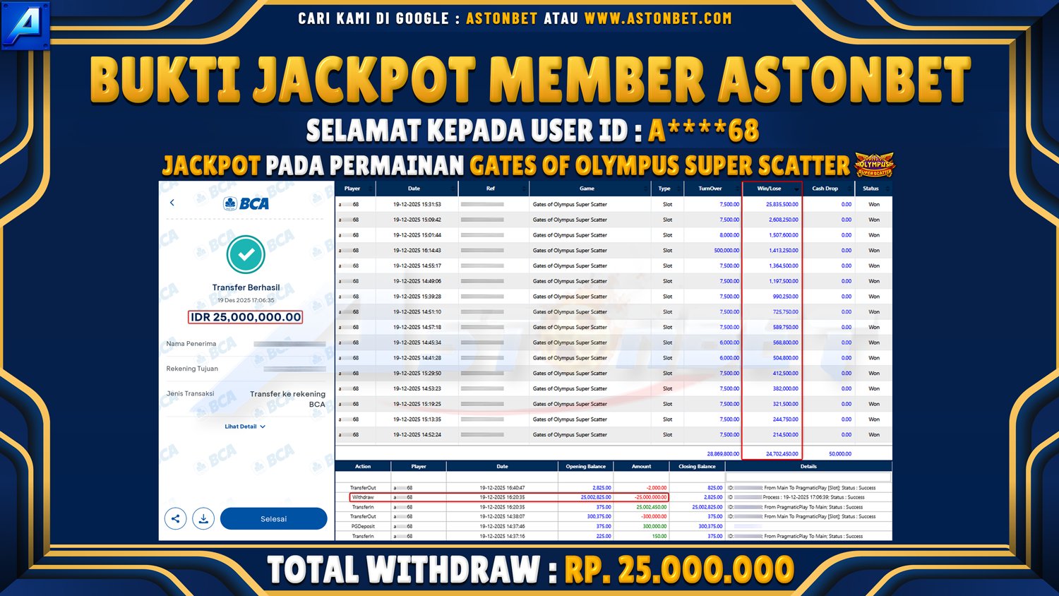 ASTONBET - BUKTI KEMENANGAN USER ID : A****68 DI GAME GATES OF OLYMPUS SUPER SCATTER RP. 25.000.000 - LUNAS