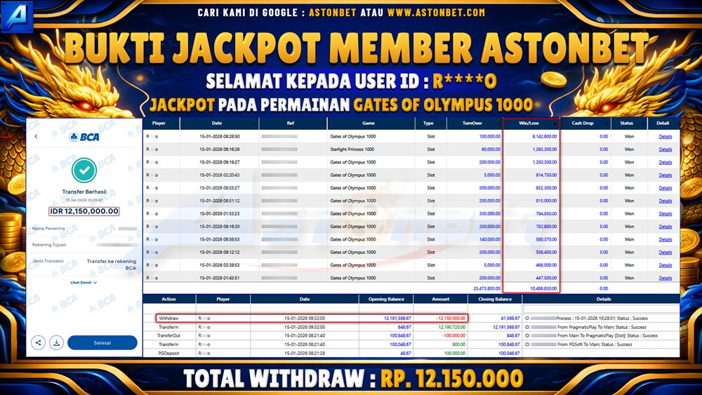 ASTONBET - BUKTI KEMENANGAN USER ID : R****O DI GAME GATES OF OLYMPUS 1000 RP. 12.150.000 - LUNAS