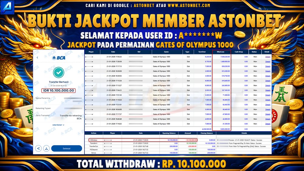 ASTONBET - BUKTI KEMENANGAN USER ID : A*******W DI GAME GATES OF OLYMPUS 1000 RP. 10.100.000 - LUNAS