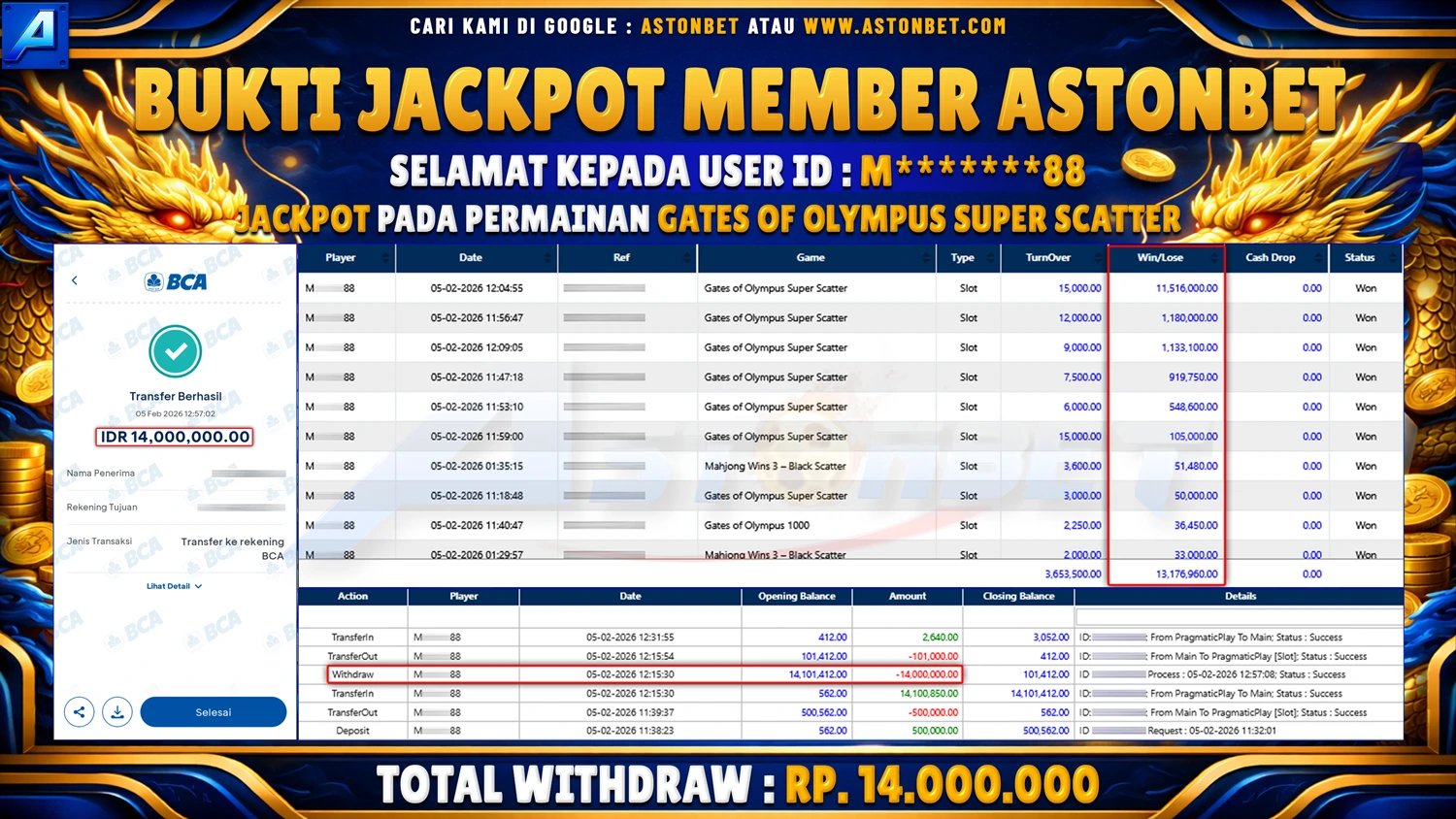 ASTONBET - BUKTI KEMENANGAN USER ID : M******88 DI GAME GATES OF OLYMPUS SUPER SCATTER RP. 14.000.000 - LUNAS