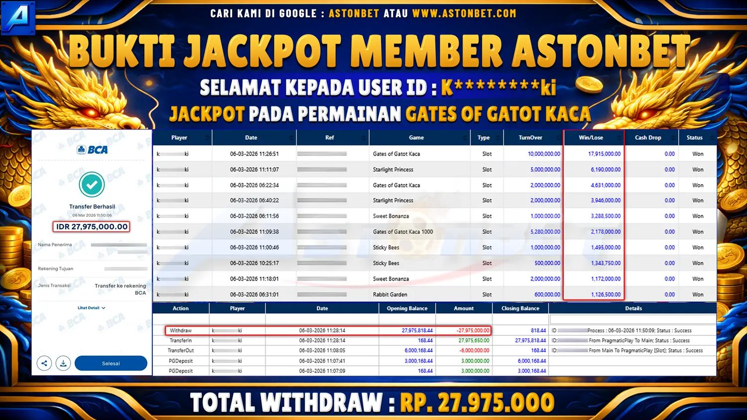 ASTONBET - BUKTI KEMENANGAN USER ID : K********KI DI GAME GATES OF GATOT KACA RP. 27.975.000 - LUNAS