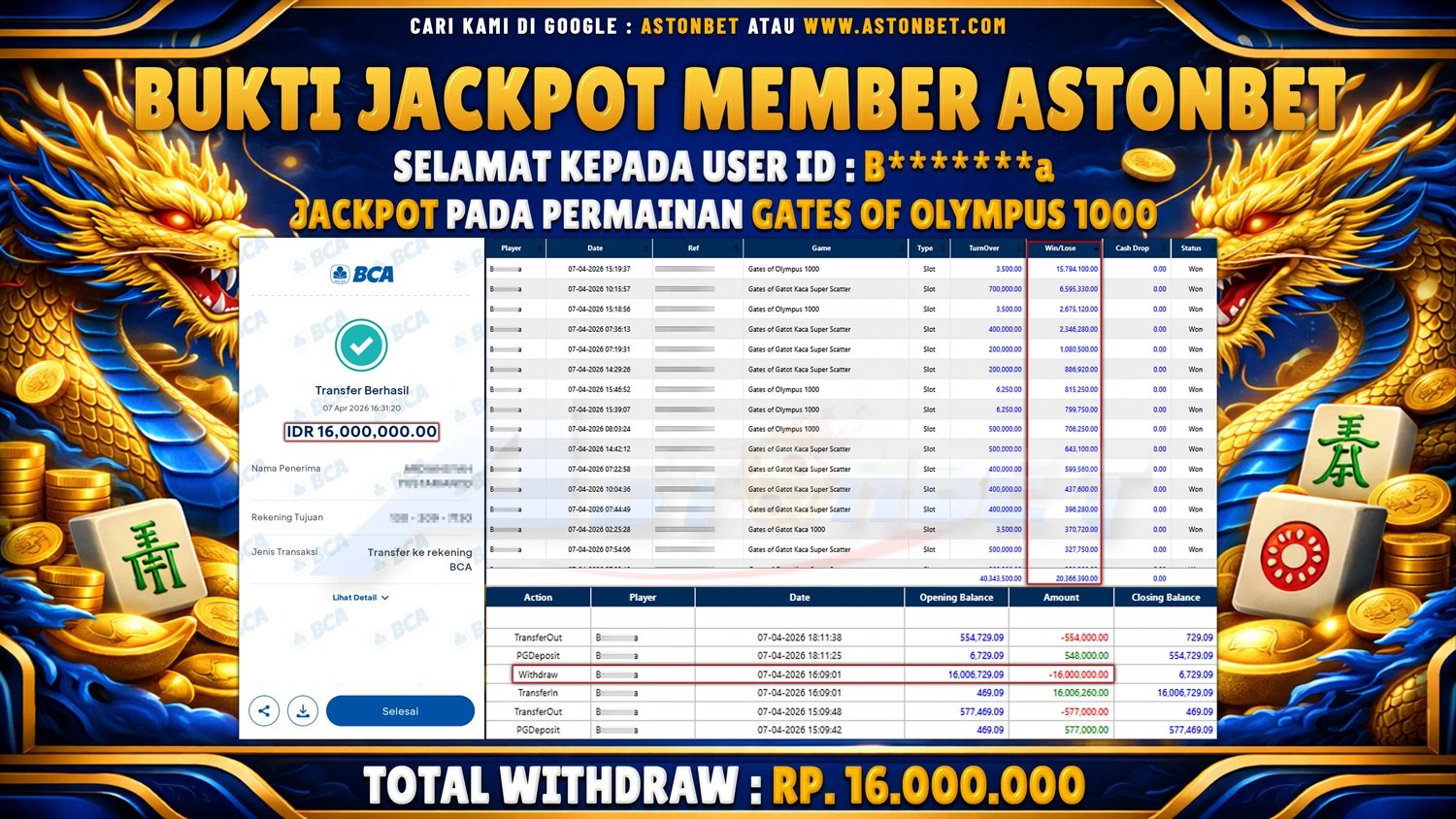 ASTONBET : BUKTI KEMENANGAN DI GAME GATES OF OLYMPUS 1000 - RP. 16.000.000 - LUNAS